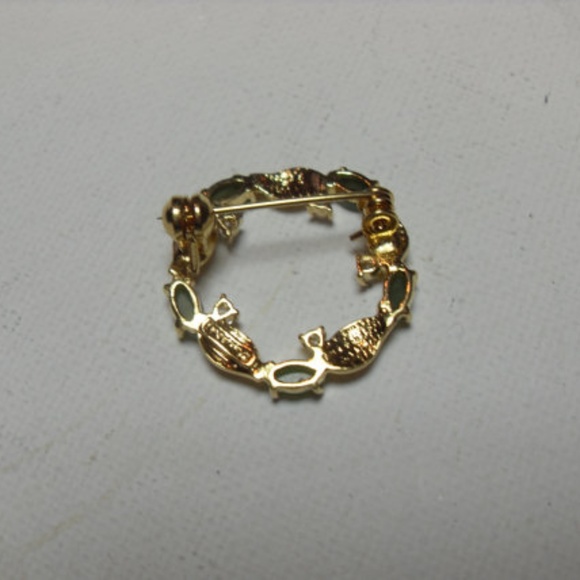Vintage Circle Crystal Gold Green Jade brooch - Picture 3 of 3